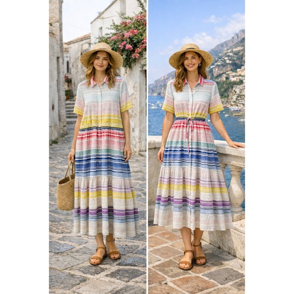Vilagallo Rainbow Striped Cotton Eyelet Lace Midi Shirt Dress 38 Small Medium